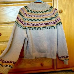 NWOT Tan Mock Turtleneck Sweater with Red, Yellow, Green Tribal Pattern